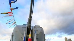 Russian Ambassador to the Philippines Igor Khovaev (L) and Rear Admiral Eduard Mikhailov (C), the deputy commander of Flotilla of Pacific Fleet of Russia, answer questions from the members of the media onboard the Russian Navy vessel, Admiral Tributs, a large anti-submarine ship, docked at the south harbor port area in metro Manila, Philippines