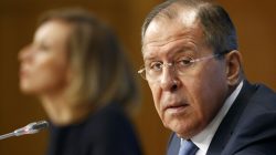 Russian Foreign Minister Sergei Lavrov (R) and Foreign Ministry spokeswoman Maria Zakharova attend a news conference in Moscow, Russia