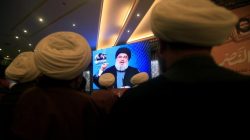 Lebanon's Hezbollah leader Sayyed Hassan Nasrallah addresses his supporters through a screen during a rally commemorating the annual Hezbollah Martyrs' Leaders Day in Jebshit village, southern Lebanon February 16, 2017. REUTERS/Ali Hashisho