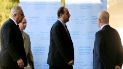 Head of opposition delegation for the Geneva IV conference on Syria Nasr al-Hariri (C) arrives at the United Nations office in Geneva, Switzerland, February 23, 2017. REUTERS/Pierre Albouy