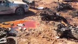 A still image taken from a video posted on social media uploaded on February 24, 2017, shows a pool of blood amid damaged motorcycles at a site of an Islamic State car bomb explosion, said to be in Sousian village near al-Bab, Syria. Social Media/ via REUTERS TV
