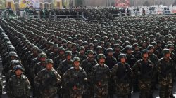 Paramilitary policemen stand in formation as they take part in an anti-terrorism oath-taking rally, in Kashgar, Xinjiang Uighur Autonomous Region,