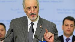 Syrian Ambassador to the U.N. Bashar al Ja'afari, Head of the Syrian government delegation addresses the media after a meeting of Intra-Syria peace talks with United Nations Special Envoy for Syria Staffan de Mistura at Palais des Nations in Geneva, Switzerland, February 25, 2017. REUTERS/Pierre Albouy