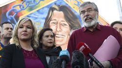 Sinn Fein President Gerry Adam sand Sinn Fein leader Michelle O'Neill speak to media outside the Sinn Fein offices on Falls Road in Belfast, Northern Ireland March 4, 2017. REUTERS/Clodagh Kilcoyne