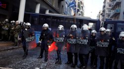 Riot police stand guard during clashes with Greek farmers from the island of Crete outside the Agriculture Ministry in Athens, Greece March 8, 2017. REUTERS/Alkis Konstantinidis