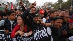 Nepalese students affiliated with the All Nepal National Free Students Union (ANNFSU), a student wing of the Communist Party of Nepal Unified Marxist Leninist (CPN-UML), protest near the Indian Embassy against the incident in which one Nepali man was killed at the India-Nepal border, in Kathmandu, Nepal March 10, 2017. REUTERS/Navesh Chitrakar