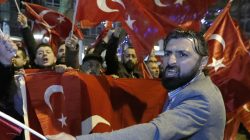 Demonstrators gather to welcome the Turkish Family Minister Fatma Betul Sayan Kaya, who decided to travel to Rotterdam by land after Turkish Foreign Minister Mevlut Cavusoglu's flight was barred from landing by the Dutch government, in Rotterdam, Netherlands March 11, 2017. REUTERS/Yves Herman