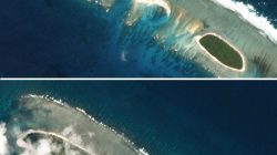 Combination of satellite photos shows Chinese-controlled North Island, part of the Paracel Islands group in the South China Sea, on February 15, 2017 (top) and on March 6, 2017. Planet Labs/Handout via REUTERS