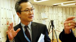 Mun Jong Chol, counselor at the North Korea mission to the U.N. in Geneva, talks with journalists aside of a meeting of the Human Rights Council at the United Nations in Geneva, Switzerland March 24, 2017. REUTERS/Denis Balibouse