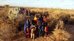 A displaced woman, Nima Mohamed, 35, poses with 6 of her 7 children beside their shelter at a makeshift settlement area near Burao, northwestern Togdheer region of Somaliland March 25, 2017. Picture taken March 25, 2017. REUTERS/Zohra Bensemra