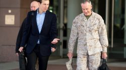U.S. President Donald Trump's son-in-law and senior advisor Jared Kushner (L) speaks with Marine Corps Gen. Joseph F. Dunford Jr., chairman of the Joint Chiefs of Staff, before departing for Iraq from Ramstein Air Base, Germany April 3, 2017. DoD/Navy Petty Officer 2nd Class Dominique A. Pineiro/Handout via REUTERS