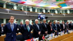 Norwegian Foreign Minister Borge Brende, Britain's Foreign Secretary Boris Johnson and officials observe a minute of silence in respect for the victims of suspected Syrian government chemical attack during an international conference on the future of Syria and the region, in Brussels, Belgium, April 5, 2017. REUTERS/Francois Lenoir