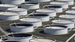 Crude oil storage tanks are seen from above at the Cushing oil hub, appearing to run out of space to contain a historic supply glut that hammered prices, in Cushing, Oklahoma,
