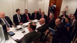 President Trump meeting with his National Security team and being briefed by Chairman of the Joint Chiefs of Staff General Joseph Dunford via secure video after a missile strike on Syria while inside the Sensitive Compartmented Information Facility at his Mar-a-Lago resort in West Palm Beach, Florida. White House Press Secretary Sean Spicer stated that this image has been digitally edited for security purposes.