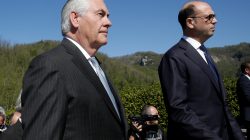 U.S. Secretary of State Rex Tillerson (L) and Italy's Foreign Minister Angelino Alfano arrive to attend a ceremony at the Sant'Anna di Stazzema memorial, dedicated to the victims of the massacre committed in the village of Sant'Anna di Stazzema by Nazis in 1944 during World War II, Italy