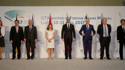 (L-R) E.U. High Representative for Foreign Affairs Federica Mogherini, German Foreign Minister Sigmar Gabriel, U.S. Secretary of State Rex Tillerson, Canada's Foreign Affairs Minister Chrystia Freeland, Italy's Foreign Minister Angelino Alfano, France's Foreign Minister Jean-Marc Ayrault, Britain's Foreign Secretary Boris Johnson, and Japanese Minister of Foreign Affairs Fumio Kishida pose for a family photo during a G7 for foreign ministers in Lucca, Italy April 11, 2017. REUTERS/Max Rossi
