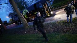 Football Soccer - Borussia Dortmund v AS Monaco - UEFA Champions League Quarter Final First Leg - Signal Iduna Park, Dortmund, Germany - 11/4/17 Police with the Borussia Dortmund team bus after an explosion near their hotel before the game