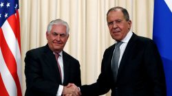 Russian Foreign Minister Sergei Lavrov shakes hands with U.S. Secretary of State Rex Tillerson during a news conference following their talks in Moscow, Russia,