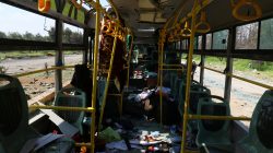 The interior of a damaged bus is seen after an explosion yesterday at insurgent-held al-Rashideen, Aleppo province, Syria