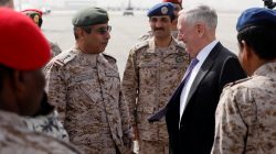 U.S. Defense Secretary James Mattis is greeted by Saudi Armed Forces Chief of Joint Staff General Abdul Rahman Al Banyan (L) upon his arrival at King Salman Air Base, Riyadh, Saudi Arabia. REUTERS/Jonathan Ernst