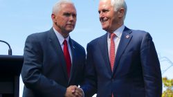 U.S. Vice President Mike Pence (L) shakes hands with Australia's Prime Minister Malcolm Turnbull after a media conference at Admiralty House in Sydney, Australia, April 22, 2017. REUTERS/Jason Reed