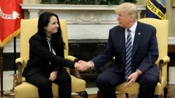 Aya Hijazi, an Egyptian-American woman detained in Egypt for nearly three years on human trafficking charges, meets with U.S. President Donald Trump in the Oval Office of the White House in Washington, U.S., April 21, 2017. REUTERS/Kevin Lamarque