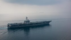 The aircraft carrier USS Carl Vinson (CVN 70) transits the Sunda Strait April 15, 2017. U.S. Navy Photo by Mass Communication Specialist 2nd Class Sean M.