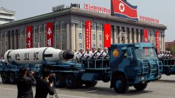 A North Korean navy truck carries the 'Pukkuksong' submarine-launched ballistic missile (SLBM) during a military parade marking the 105th birth anniversary of country's founding father, Kim Il Sung in Pyongyang,