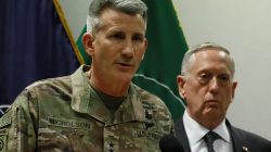 U.S. Army General John Nicholson (L), commander of U.S. Forces Afghanistan, and U.S. Defense Secretary James Mattis (R) hold a news conference at Resolute Support headquarters in Kabul, Afghanistan