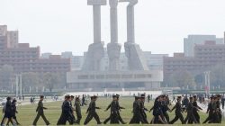 Soldiers walk in front of the Monument to the Foundation of the Workers' Party in Pyongyang, North Korea April 16, 2017. REUTERS/Damir Sagolj