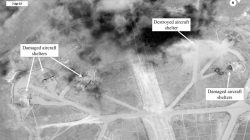 FILE PHOTO: Battle damage assessment image of Shayrat Airfield, Syria, is seen in this DigitalGlobe satellite image, released by the Pentagon following U.S. Tomahawk Land Attack Missile strikes from Arleigh Burke-class guided-missile destroyers, the USS Ross and USS Porter on April 7, 2017. DigitalGlobe/Courtesy U.S. Department of Defense/Handout via REUTERS