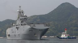 French amphibious assault ship Mistral (L) arrives at Japan Maritime Self-Defense Force's Sasebo naval base in Sasebo, Nagasaki prefecture, Japan April 29, 2017, ahead of joint exercises with U.S., British and Japanese forces in waters off Guam. REUTERS/Nobuhiro Kubo