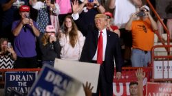 U.S. President Donald Trump appears on stage at a rally in Harrisburg, Pennsylvania, U.S