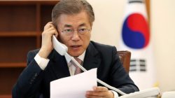 South Korean President Moon Jae-in speaks with Chinese President Xi Jinping by telephone at the Presidential Blue House in Seoul, South Korea in this handout picture provided by the Presidential Blue House and released by Yonhap on May 11, 2017. Blue House/Yonhap via REUTERS