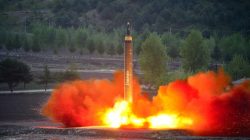 The long-range strategic ballistic rocket Hwasong-12 (Mars-12) is launched during a test in this undated photo released by North Korea's Korean Central News Agency