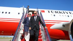 Turkish President Tayyip Erdogan, accompanied by his wife Emine Erdogan, disembarks from a plane upon his arrival in Washington, U.S. May 15, 2017. Kayhan Ozer/Presidential Palace/Handout via REUTERS