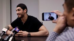 Turkish NBA player Enes Kanter speaks about the revocation of his Turkish passport and return to the United States at National Basketball Players Association headquarters in New York, U.S.,