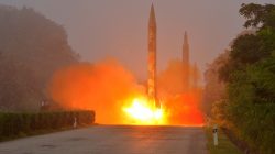 Ballistic rocket is seen launching during a drill by the Hwasong artillery units of the KPA Strategic Force, July 2016. KCNA/via REUTERS