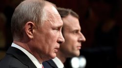 French President Emmanuel Macron (R) and Russian President Vladimir Putin (L) give a joint press conference at the Chateau de Versailles before the opening of an exhibition marking 300 years of diplomatic ties between the two countries in Versailles, France, May 29, 2017.