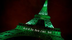 FILE PHOTO: The Eiffel tower is illuminated in green with the words "Paris Agreement is Done", to celebrate the Paris U.N. COP21 Climate Change agreement in Paris, France, November 4, 2016. REUTERS/Jacky Naegelen/File Photo