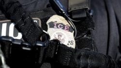 The badge of a U.S. Immigration and Customs Enforcement's (ICE) Fugitive Operations team is seen in Santa Ana, California, U.S