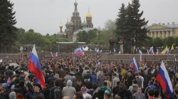 Demonstrators take part in an anti-corruption protest in central St. Petersburg.