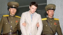 Otto Frederick Warmbier (C), a University of Virginia student who was detained in North Korea since early January, is taken to North Korea's top court in Pyongyang, North Korea, in this photo released by Kyodo March 16, 2016. Mandatory credit REUTERS/Kyodo