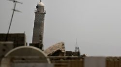 A black jihadist flag hangs from Mosul's Al-Habda minaret at the Grand Mosque, where Islamic State leader Abu Bakr al-Baghdadi declared his caliphate back in 2014, in western Mosul, Iraq May 29, 2017. REUTERS/Alkis Konstantinidis