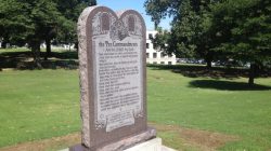 A statue of the Ten Commandments is seen after it was installed on the grounds of the state Capitol in Little Rock, Arkansas, U.S. June 27, 2017. REUTERS/Steve Barnes