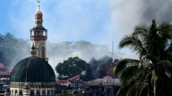 An explosion is seen following an airstrike.
