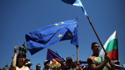 Bulgarian police officers, firefighters and other Interior Ministry employees take part in a demonstration in Sofia, Bulgaria, July 5, 2017. REUTERS/Stoyan Nenov