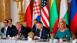 U.S. President Donald Trump speaks as Polish President Andrzej Duda and Croatian President Kolinda Grabar-Kitarovic listen during the Three Seas Initiative Summit in Warsaw, Poland July 6, 2017. REUTERS/Carlos Barria