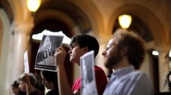 Immigrant supporters protest during the Los Angeles City Council ad hoc committee on immigration meeting in Los Angeles, California, U.S., March 30, 2017. REUTERS/Lucy Nicholson