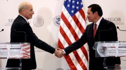 U.S. Secretary of Homeland Security John Kelly shake hands with Mexico's Interior Minister Miguel Angel Osorio Chong after deliver a joint message at the Secretary of Interior Building in Mexico City, Mexico, July 7, 2017. REUTERS/Edgard Garrido